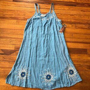 NWT Raya Sun Blue Embroidered Sundress cover-up boho dress Size Large